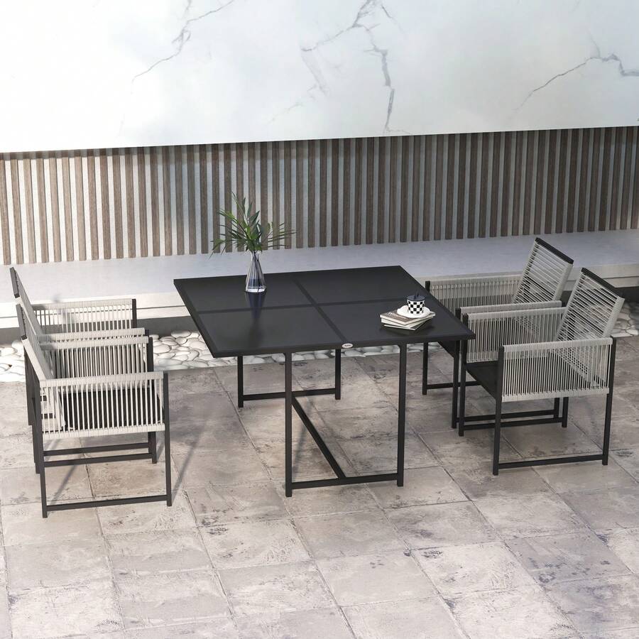 Outsunny 5 Pieces Garden Dining Set, Outdoor Patio Cube Set, 4 Seater Outdoor Table And Chairs With Foldable Backrest, Tempered Glass Top, Handwoven Rope For Poolside, Space-Saving, Light Grey - Light Grey - View 1