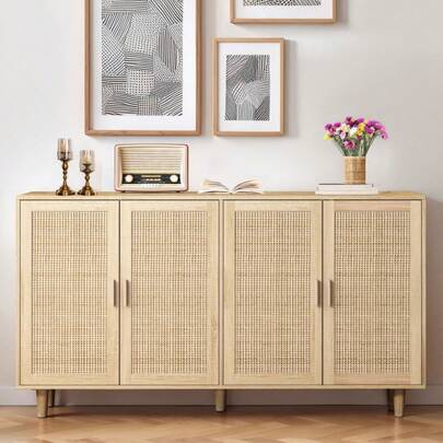 158CM Elegant And Functional 4-Door Rattan Decorative Storage Cabinet For Bedroom, Living Room, Office, Black; 158CM Elegant And Functional 4-Door Rattan Cabinet For Bedroom, Living Room, Office
