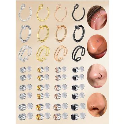 6 件时尚不锈钢方晶锆石鼻夹，男女通用，日常装饰，假穿孔耳环，耳夹式假鼻环，非穿孔耳饰，假耳洞，假耳环耳钉