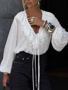 Damen Lässig und elegant einfarbige doppellagige Rüschen V-Ausschnitt dünne Träger normale Schulter locker plissierte Puffärmel Bluse mit Rüschenkragen, Langarm Schnürung Büro Arbeitsbluse, Frühling Sommer Herbst - Weiss - Übersicht 6