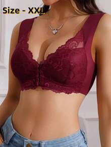 4-Piece Ladies' Elegant Lace-Trim Sports Bra Set - Full Coverage Seamless Push-Up Yoga Top With Front-Fastening V-Neck, Wide Straps And Breathable Nylon Underwear (Black/Magenta/Beige/Light Blue) | Wire-Free, Slightly Stretchable, Machine Washable, Suitable For Fitness, Yoga And Everyday Wear - 黑色 - 查看 4