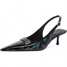 Women's Pointed Toe Slingback Heels Metal Buckle Ankle Strap Kitten Low Heel Pumps 2 Inch Stylish Retro Women Shoes-20256688 - 漆黑綠色 - 查看 1