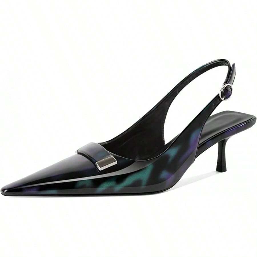 Women's Pointed Toe Slingback Heels Metal Buckle Ankle Strap Kitten Low Heel Pumps 2 Inch Stylish Retro Women Shoes-20256688 - 漆黑綠色 - 查看 1