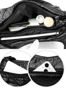 1pc Black Punk Rock Motorcycle Style Tote Bag For Women,Vintage Large Capacity,Hot Girls Cool Punk,Black PU Leather Tote,Versatile Multiple Pockets Solid Color Outdoor Travel Satchel Bag, Casual Daily Commuter Messenger Shopping Bags, Niche Design, Steampunk, Gothic,Y2K Shoulder Bag For Women, Cool Girls Street Wear, Peferct For Music Festival[US Local Warehouse]Halloween Decorations,Travel Essentials,Can Be Put Mobile Phone Card Bag And So On Suitable For Daily Travel Shopping And Other Uses - Multicolor - View 6