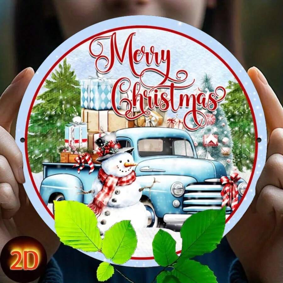 Vintage Blue Truck Snowman Wreath Sign - Multipurpose Metal Wall Decor, Suitable For Home, Kitchen, Garage, Dining Room - Christmas Decoration - Multicolor - View 1