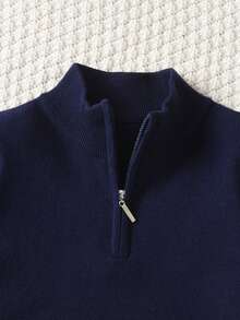 Young Boy School Style Contrast Striped Half Zip Stand Collar Sweater, Suitable For School, Spring, Autumn, Winter