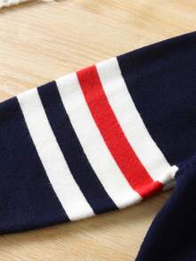 Young Boy School Style Contrast Striped Half Zip Stand Collar Sweater, Suitable For School, Spring, Autumn, Winter