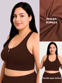 Wolfox Plus Size Fitness Tops With Zipper And Removable Pad For Gym - 鏽棕色 - 查看 5