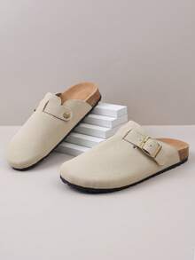 1 Pair Teenage Metal Buckle Decor Faux Suede Material Comfortable Slip-On Round Toe Low Heel Thick Soft Bottom Casual Slide Sandals, Suitable For Daily Wear