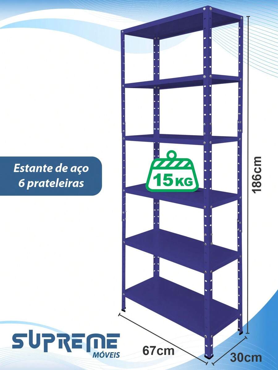 6-Shelf Adjustable Steel Shelf 30x67cm Multipurpose, Various Colors - Bic Blue - View 1