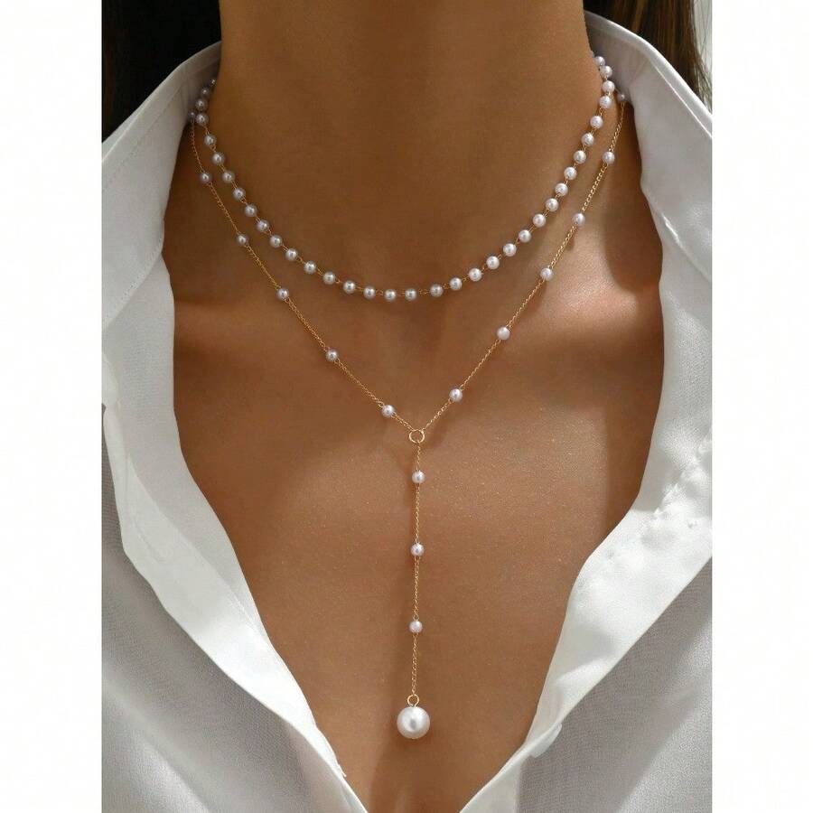1pc Gold Y-Shaped Design Layered Necklace, Details Decorated With Rhinestones & Faux Pearl, Suitable For Daily Wear By Women, Friendship Gifts, Banquet Parties - 金色 - 查看 1
