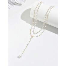 1pc Gold Y-Shaped Design Layered Necklace, Details Decorated With Rhinestones & Faux Pearl, Suitable For Daily Wear By Women, Friendship Gifts, Banquet Parties - 金色 - 查看 2