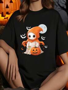 Halloween Cute Ghost Drinking Coffee Spooky Ghost Ice Coffee T-Shirt         Graphic Tees Women Crop Tops Summer Outfits For Women Summer Tops T-Shirt - Black - View 1