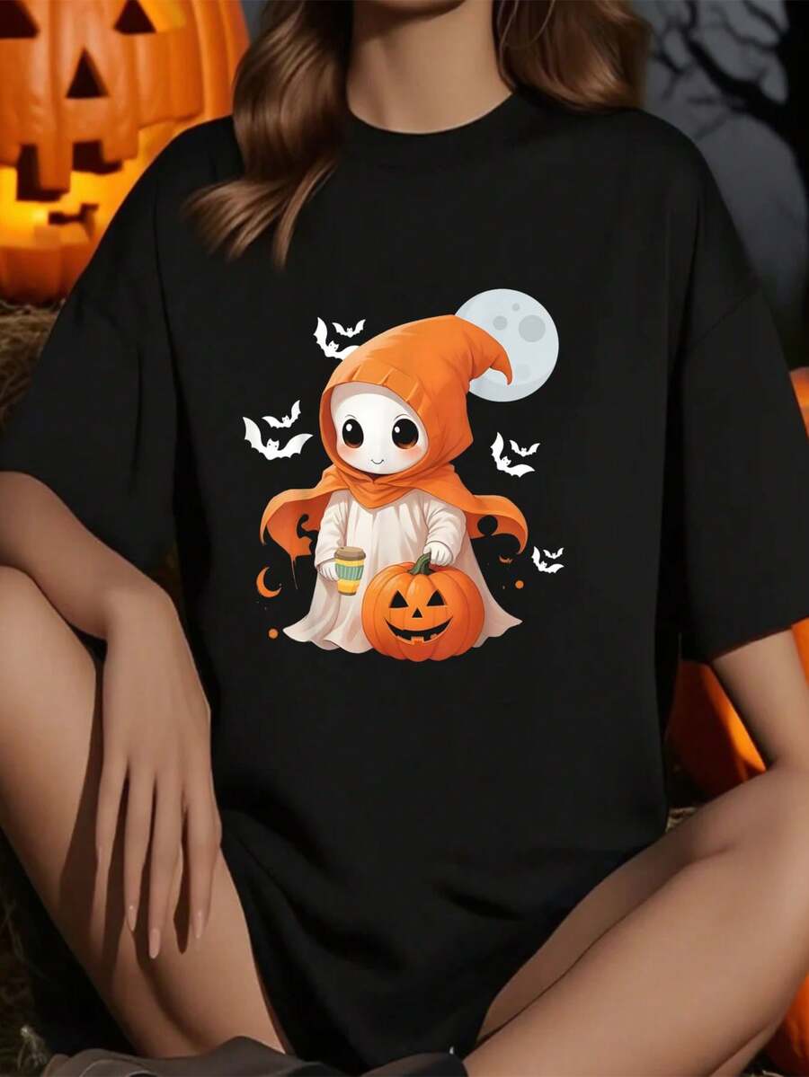 Halloween Cute Ghost Drinking Coffee Spooky Ghost Ice Coffee T-Shirt Graphic Tees Women Crop Tops Summer Outfits For Women Summer Tops T-Shirt - Black - View 1