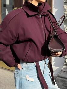 Doriss 双层立领翻扣腰带外套，学术氛围，时尚辣妹风，返校季，外出上衣，秋冬季，万圣节春季 - 酒紅色 - 查看 3
