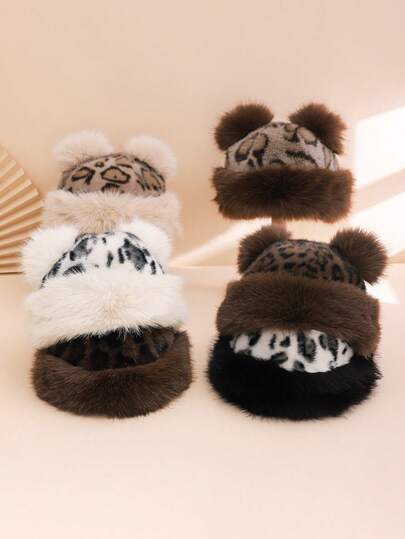 1pc Women's Colorblock Leopard Print Cute Animal Ear Fluffy Soft Warm Autumn/Winter Fashion Bucket Hat, Suitable For Casual Outings, Dates, Parties, Gifts Fall