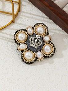1pc Elegant Style Vintage Crown Design Creative Fabric Flower Pearl Brooch, Luxury Jewelry Brooch Pin, Suitable For Daily Wear, Gift For Dates - Black and White - View 1