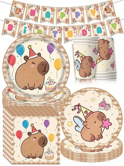 Juego de vajilla desechable de 10 piezas con diseño de capibara lindo, que incluye platos de 9/7 pulgadas, vasos de 9 onzas y servilletas, con estampado de globos y sombreros de fiesta con diseño de capibara, adecuado para fiestas de cumpleaños, reuniones familiares y eventos con tema de mascotas lindas