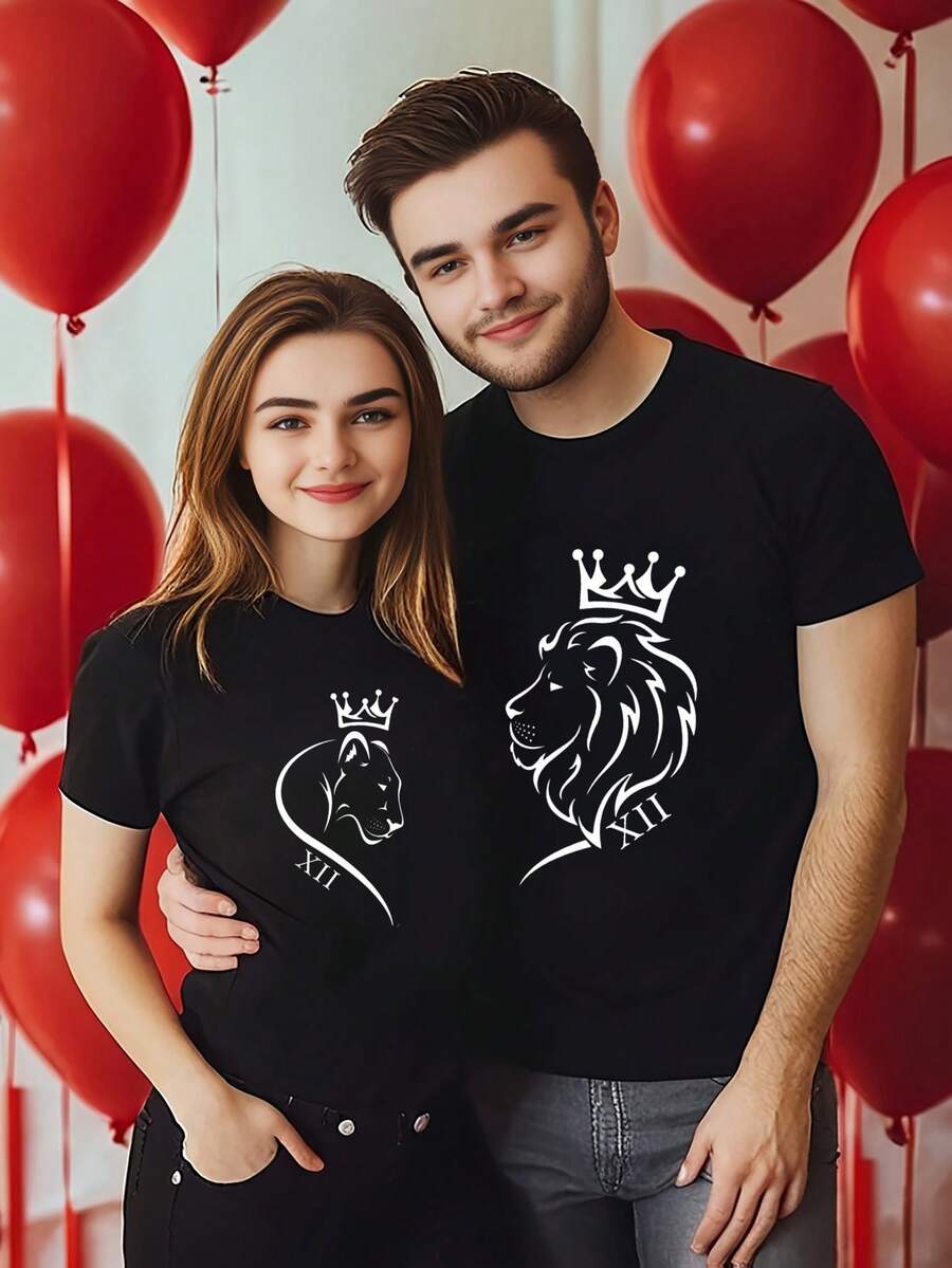 (Single Pack) Pair Of Lions Matching T-Shirt For Couples, Casual Version, Short Sleeve Top, Perfect For Him And Her Valentine's Day Or Christmas Gift Couple Style T Shirt For Men And Women Casual Daily Wear - 男士黑色 - 查看 1