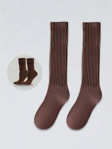 1双女士长款毛绒堆堆袜，过膝袜，高筒袜，短袜，纯色小腿袜，百搭且适合所有季节，日常穿着的理想之选，舒适保暖。 - 咖啡棕 - 查看 5