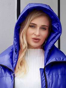 Zip Up Hooded Padded Coat For Winter - Blue - View 9