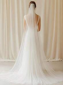 1 件优雅柔软长款薄纱婚纱，单层，剪裁整齐，简约新娘面纱，婚礼配饰，婚纱>新娘配饰，婚礼发饰，白色头纱，婚礼发饰，教堂式婚礼头纱，婚礼用品 - 彩色 - 查看 4