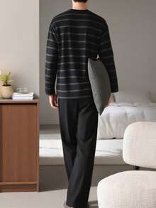 AICJ 2 件男士休闲宽松条纹圆领长袖套头衫和长裤睡衣套装，适合派对、居家、旅行、春季、秋季、冬季、秋季服装 - 黑色 - 查看 2