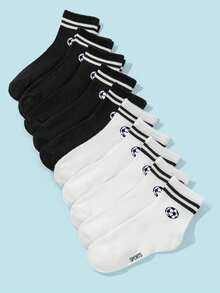 8 Pares de Meias Infantis Listradas Simples e com Estampa de Texto em Inglês, Meias Versáteis de Cano Médio para Meninos e Meninas Adolescentes, Adequadas para Uso Casual Diário com Gráfico de Futebol