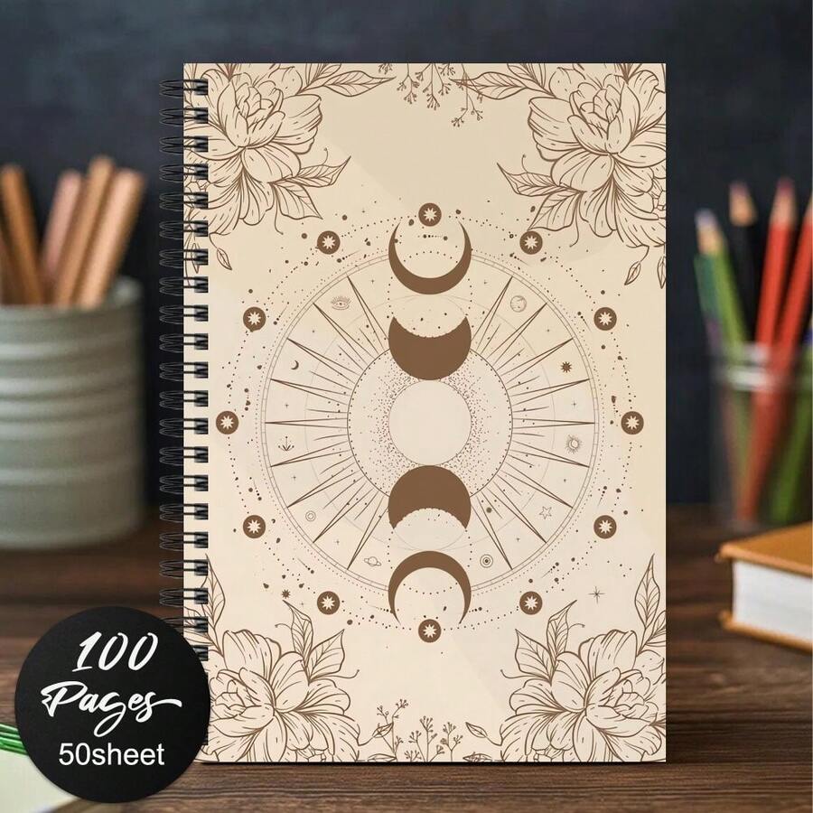 1 本天体波西米亚螺旋笔记本 - 米色和棕色极简主义日记本，带月相，花卉波西米亚设计 - 优雅的螺旋装订，耐用纸张 - 适用于天文学、巫术、占星术、计划者、日记本，送给女性、青少年、教师的礼物 - 日常写作和组织者、月相笔记本、占星术日记本、神秘美学、光滑的书写表面、计划者组织者、青少年日记、天文学爱好者、优质纸张材料 - A - 查看 1