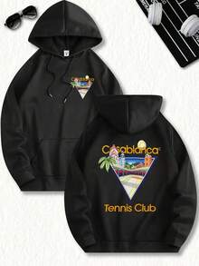 Nueva sudadera con capucha de moda para hombres, sudadera con capucha de terciopelo y cordón casual diario, diseño de patrón del club de tenis, bolsillo canguro frontal, top para hombres - Negro - Ver 1