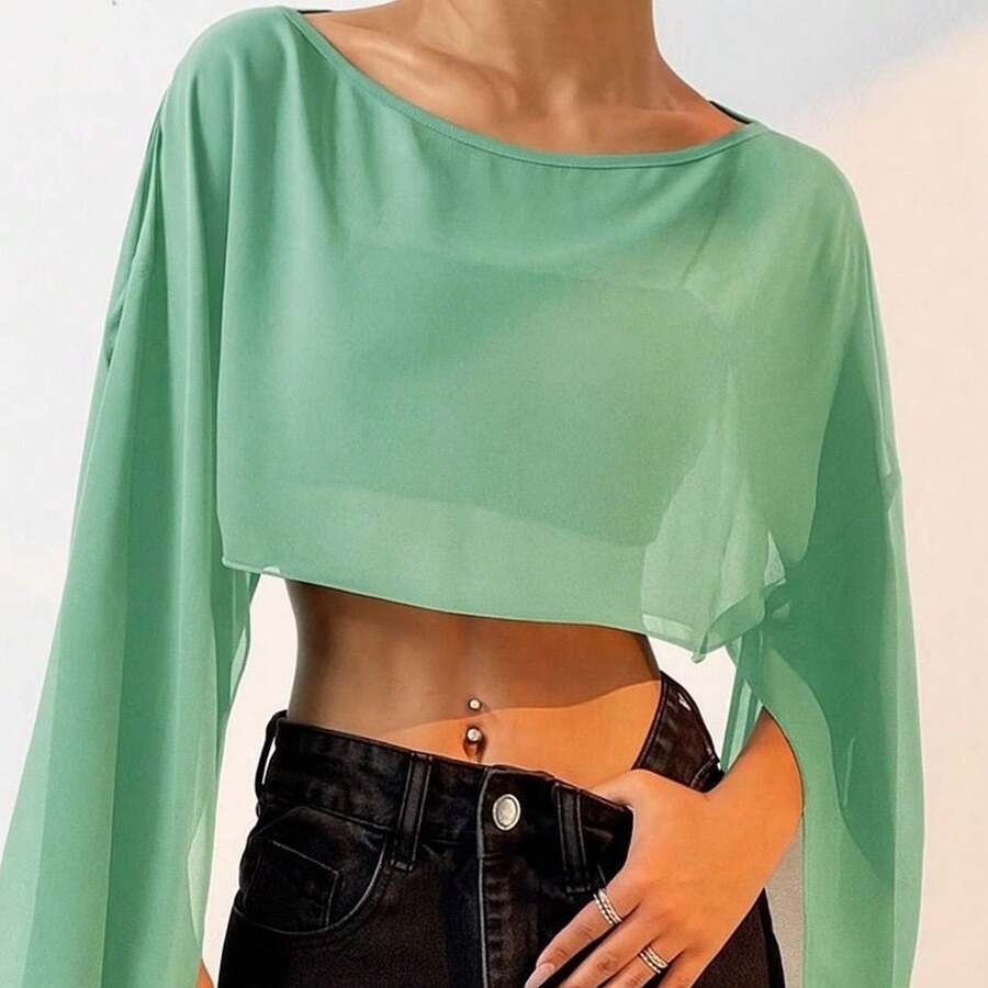 Cropped Cape Flare Sleeve Tulle Simple Asymmetric Beach Top - Mint Green - View 1