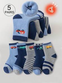 5双男童中筒袜，幼儿中筒袜，蓝色，灰色，红色，绿色，拼色，条纹，卡通汽车，星星图案，毛绒衬里，适合春秋冬季，厚实，可爱，时尚，简约，适合日常穿着，学生，保暖 - 彩色 - 查看 11