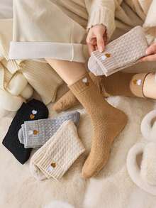 5 Pairs Women's Plush Thickened Warm Socks With Heart Pattern Design, Marled Color, Ideal For Daily Wear, Mid-Calf Length