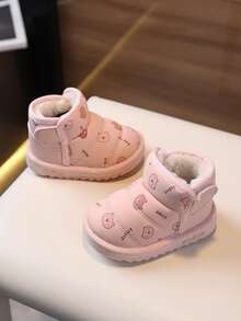 1 Pair Kids Cartoon Pattern Synthetic Leather Warm Hook And Loop Low-Top Flat Cute Children Winter Shoes, Suitable For Autumn/Winter Daily Wear, Playing And Outings