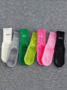 1 Paar rutschfeste, atmungsaktive Sport-Yoga-Socken mit Silikonbeschichtung, einfarbig mit Buchstaben-Motiv, knöchellang, geeignet für Zuhause, Fitnessstudio, Outdoor-Sport, Yoga, Tanz, Pilates, stoßabsorbierend