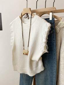 Áo vest len dệt kim phối ren đa năng không tay dành cho nữ, thích hợp cho mùa xuân. - trắng - Xem 3