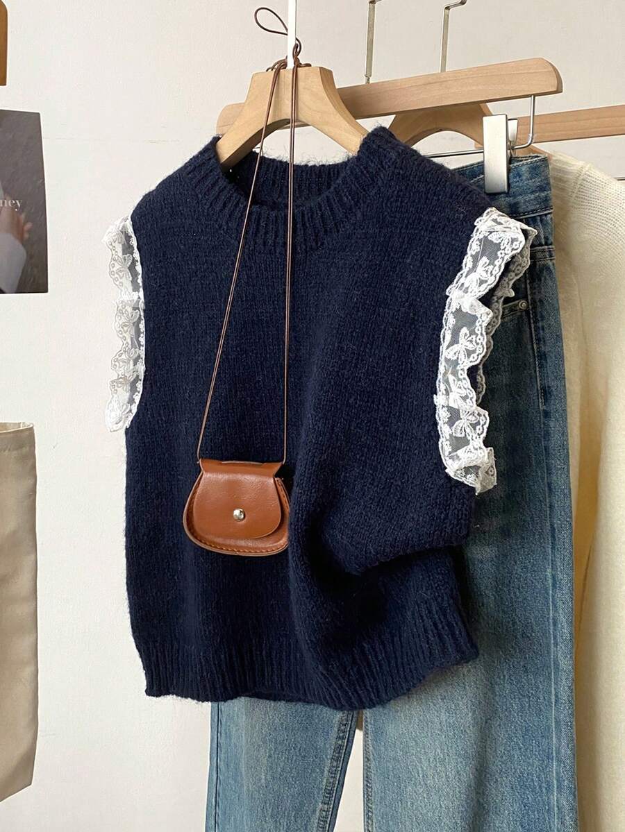 Chaleco sin mangas de punto con parches de encaje versátil para mujer, primavera