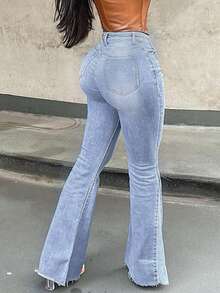 Light Wash Blue New Simple Long Women's Jeans - High Waist, Slim Fit, Stretch, Elegant, Fashionable, Casual, Versatile, Back-To-School Street Style, Y2K, 2000s Fashion, Autumn & Winter Clothing, Retro Apparel, Perfect For Halloween And Christmas Outfits