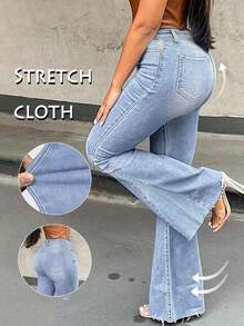 Light Wash Blue New Simple Long Women's Jeans - High Waist, Slim Fit, Stretch, Elegant, Fashionable, Casual, Versatile, Back-To-School Street Style, Y2K, 2000s Fashion, Autumn & Winter Clothing, Retro Apparel, Perfect For Halloween And Christmas Outfits