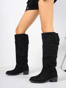 planare 女士时尚休闲褶皱尖头一脚蹬绒面革机车靴、西部靴、粗跟鞋、秋季、秋冬靴、橡胶鞋、中筒靴、时尚靴子、女鞋 - 黑色 - 查看 6