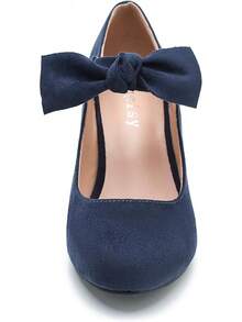 Women's Cute Bow Heels Mary Jane Kitten Heel Pumps Closed Round Toe Low Heels Ankle Strap Wedding Evening Party Dress Office Work Church Shoes-20256688 - 海軍藍絨面革 - 查看 5