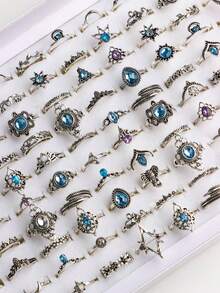 20pcs/Set Vintage Elegant Bohemian Style Artificial Stone Rings, Casual Party Gift, Everyday Jewelry Accessories For Men & Women - 20 Blue Glass Pinky Rings - View 5