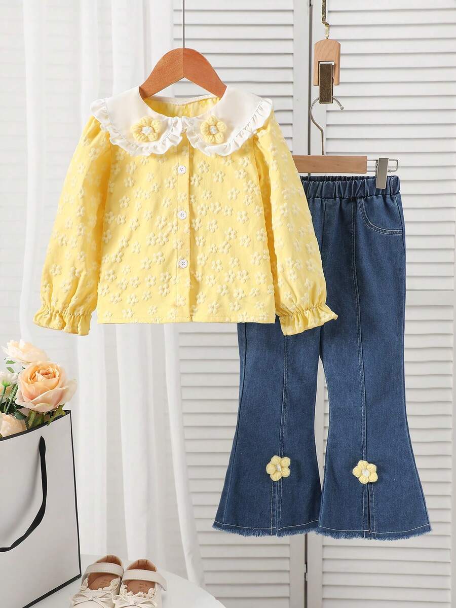 2pcs Girls Spring/Autumn Outfit, Embossed Soft Sakura Fabric Collared Long Sleeve Shirt Top And Flared Leg Jeans With 3D Flower Decor, Cute Girls Clothing Set - Multicolor - View 1