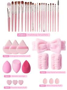 45 piezas Juego de brochas de maquillaje, Juego de herramientas de maquillaje: Incluye 20 brochas de maquillaje - brocha de base, brocha de polvos, brocha de cejas, brocha de colorete, brocha de iluminador, brocha de sombra de ojos, brocha de pestañas, brocha de delineador, brocha de contorno, brocha de detalle, brocha de sombra de nariz, brocha facial + 1 bolsa de maquillaje + 3 esponjas de maquillaje + 5 borlas de polvos + 10 borlas de polvos para la punta de los dedos + 3 mini esponjas de maquillaje + 1 bandeja para limpiar brochas, Adecuado para todo tipo de pieles, Juego de maquillaje esencial para viajes