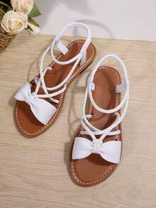 New Plus Size Women Comfortable Simple Round Toe Hollow Criss-Cross Elastic Flat Slippers Sandals, Casual Fashion Outdoor Vacation Beach Summer Shoes