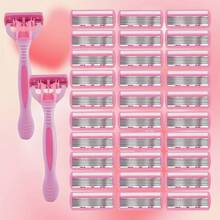 2 Handles + 36 Blades/Pink, Women's Universal, Manual 6-Layer Shaver, Stainless Steel Blades, Safe Anti-Scratch, Suitable For Home Grooming & Beauty Tools - Color Mixing - View 2
