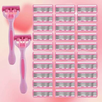 مقبضان + 36 شفرة/وردي، عالمي للنساء، ماكينة حلاقة يدوية متعددة الطبقات 6، شفرات من الفولاذ المقاوم للصدأ، آمنة ضد الخدش، مناسبة لأدوات التجميل والعناية المنزلية