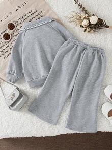 秋冬女宝宝休闲灰色宽松荷叶边领拉链夹克和高腰喇叭裤套装 - 灰色 - 查看 2