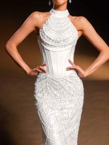 Elisanya 情人节高级魅力奢华高领无袖美人鱼晚礼服，饰以珠饰亮片刺绣、束腰设计和鱼尾廓形——完美适用于婚礼、红毯活动、晚宴、正式晚宴、新年装扮、生日装扮、夏季假日派对等场合。 - 白色 - 查看 8