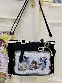 一款可爱日系风格女童单肩包，饰有珍珠蝴蝶结和蕾丝花边，尽显优雅气质；透明设计，适合动漫角色扮演；肩带可拆卸可调节；大容量休闲手提包，日常使用、上学、旅行皆宜；可爱时尚，女士必备。